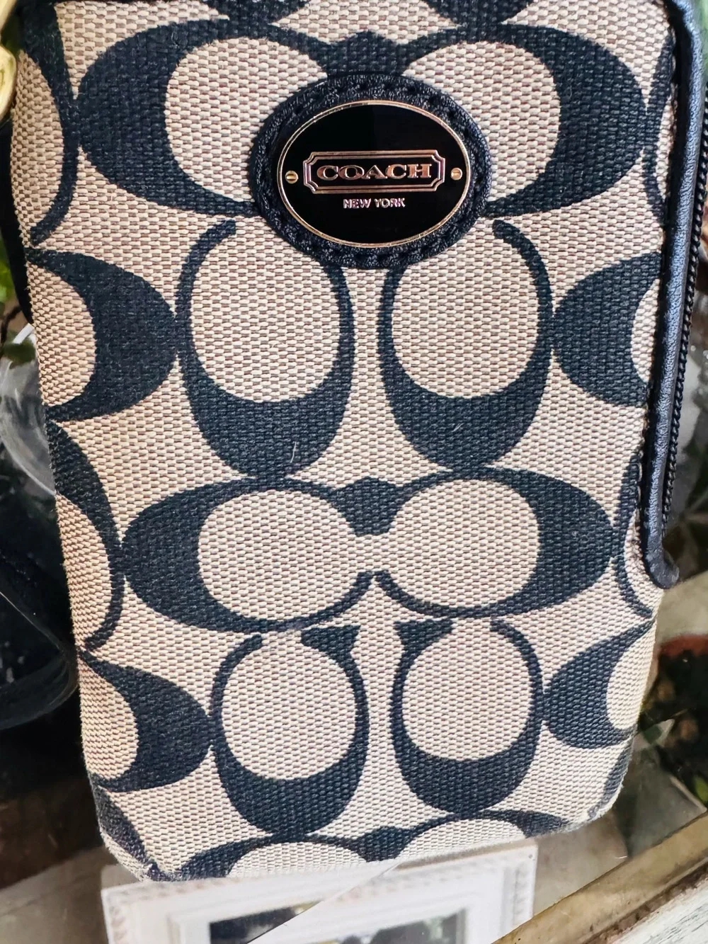Coach Black and Beige Signature Canvas Wristlet Pouch